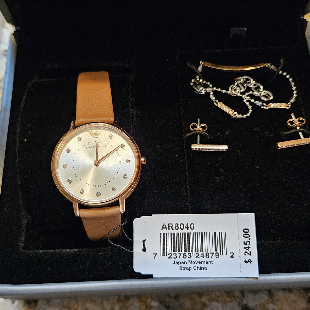 Emporio Armani Rose Gold and Tan Watch Set